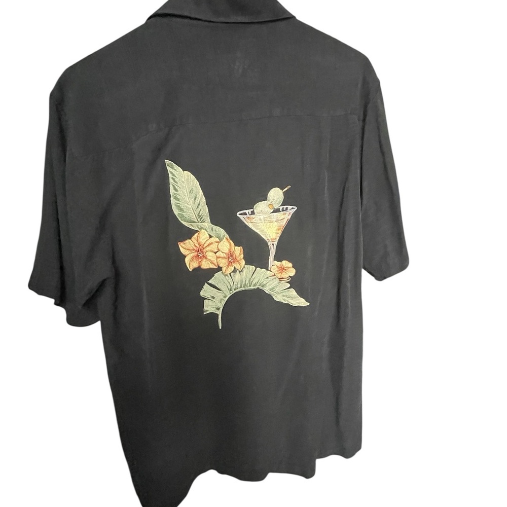 Caribbean Tiki Black Silk Button Up Shirt Embroidered Tropical Martini Glass